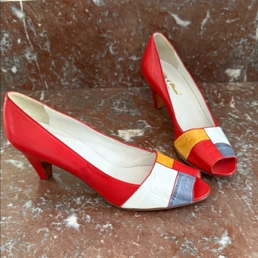 Vintage Retro Red Multicolor Color Block Peep-Toe Heels